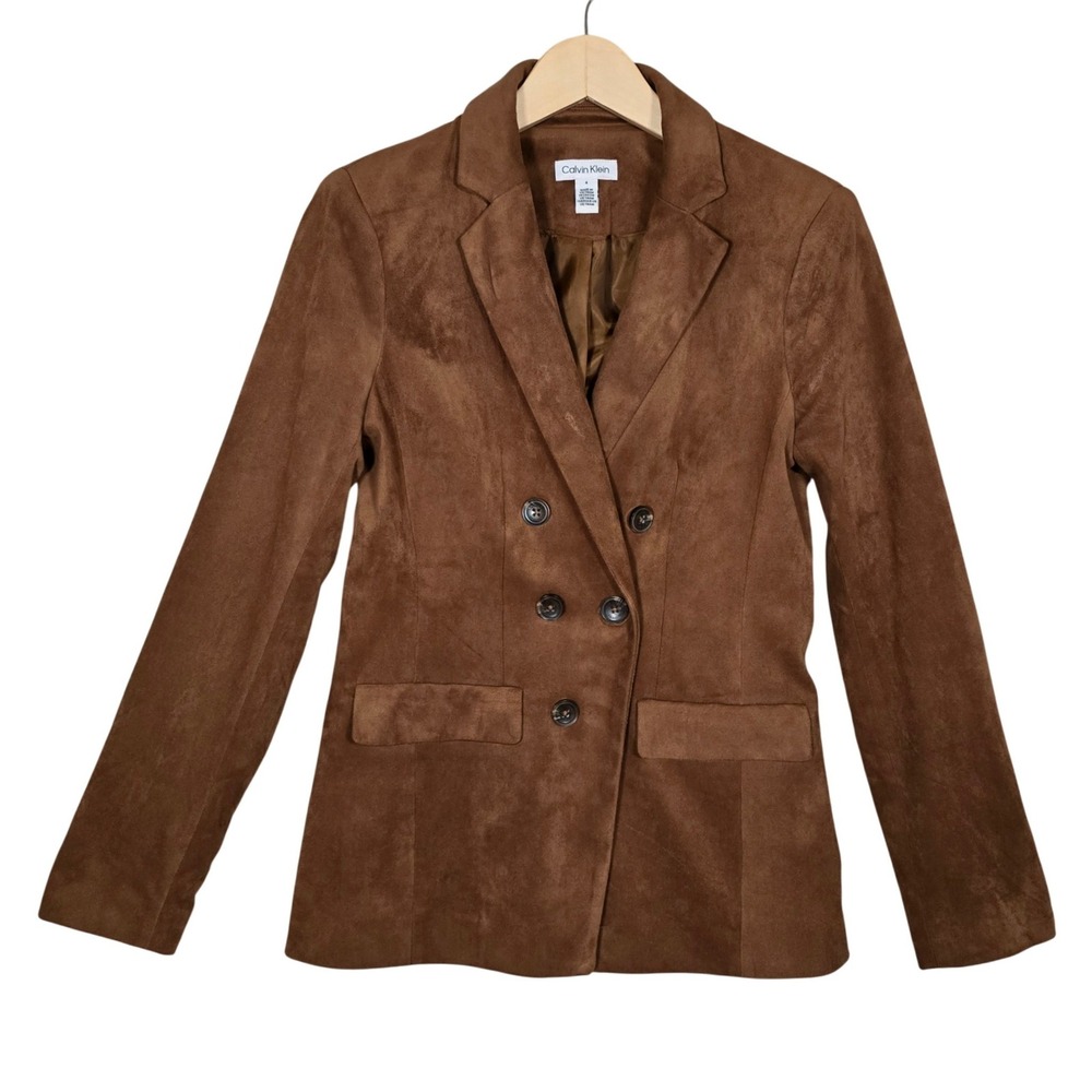 Calvin Klein Women's Lined Blazer Faux Suede Double Breasted Stretch Brown 4